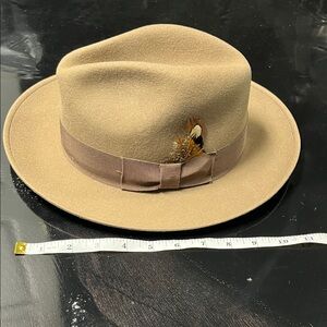 Tan Fedora Hat with Feather Accent